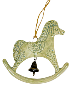 Подвес плоский керамический ручной работы «Лошадка-качалка с колокольчиком», светло-зелёный, 13 см