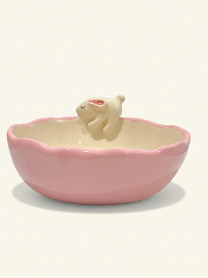 Глубокая тарелка ручной работы «Кролик», розовая, керамика, 15 см, фото 2.