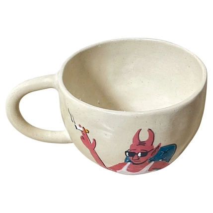 Кружка ручной работы «Чёрт в кресле», белая, керамика, 500 мл, фото 3.