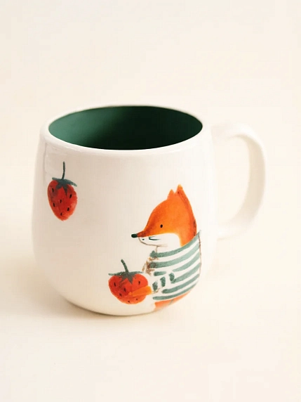 Кружка ручной работы Ким керамика с росписью Лисёнок с клубникой, фарфор, 250 мл, фото 2.