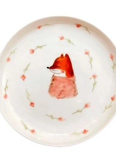 Тарелка ручной работы Ким керамика с бортиком Лисёнок с розовыми цветами, белая, фарфор, 13 см