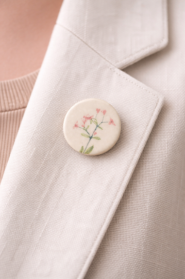 Брошь ручной работы Elizabeth Madar Оттиск трав с розовым цветком № 2, керамика, фото 3.