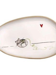 Тарелка овальная ручной работы Котик с клубочком, керамика, 22 см