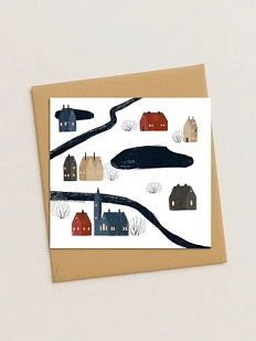 Квадратная зимняя сканди открытка «Пейзаж с домиками»