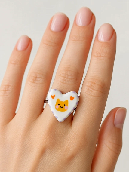 Кольцо Радость Рядом «Сердце с рыжим котиком», полимерная глина, незамкнутое, белое, фото 3.