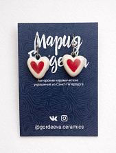 Серьги Мария Гордеева Сердечки, на короткой петле, керамика, красно-белые