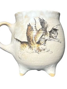 Кружка-котелок ручной работы на ножках Керумбия «Летающие коты», песочная, керамика, 350 мл