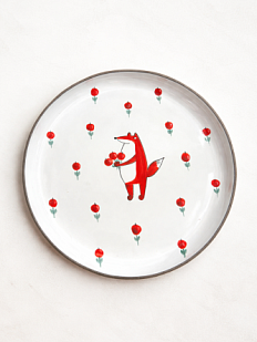 Тарелка ручной работы с бортиком Лис с ягодами, белая, 21 см