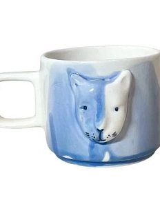 Кружка ручной работы Мария Гордеева с фигуркой Кот с синими разводами, полуфарфор, 250 мл