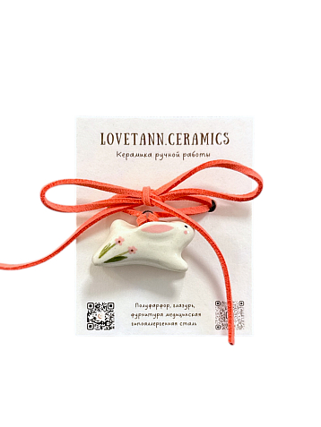 Чокер ручной работы «Зайка» с розовым цветочком, полуфарфор, фото 1.