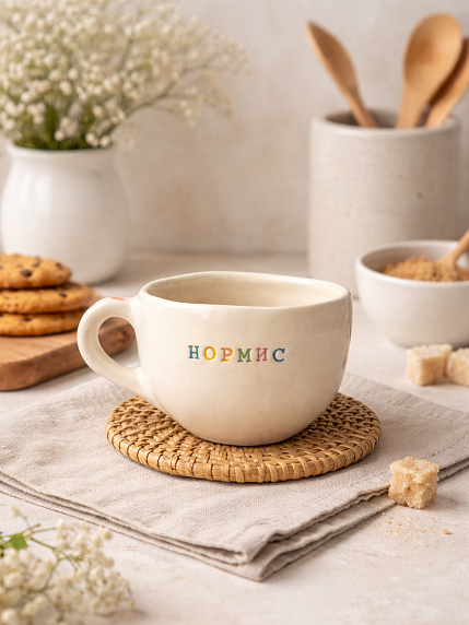 Кружка ручной работы с надписью «Нормис», керамика 350 мл, фото 3.