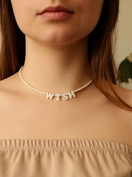 Чокер ручной работы с надписью перламутровыми бусинами «Wish», бисер, белый, фото 5.