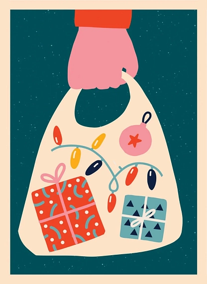 Открытка ретро DARI DARI на Новый год «Пакет подарков», синяя, фото 1.