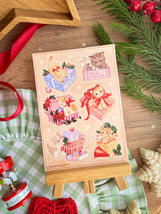 Стикерпак новогодний «Котята-подарочки», А6