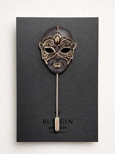 Брошь ручной работы Фарфор Булыгина «Венецианская маска», черно-золотистая