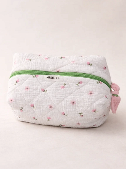 Косметичка ручной работы с карманом Мигетт, размер L, белая с цветами и розовым подкладом, фото 3.