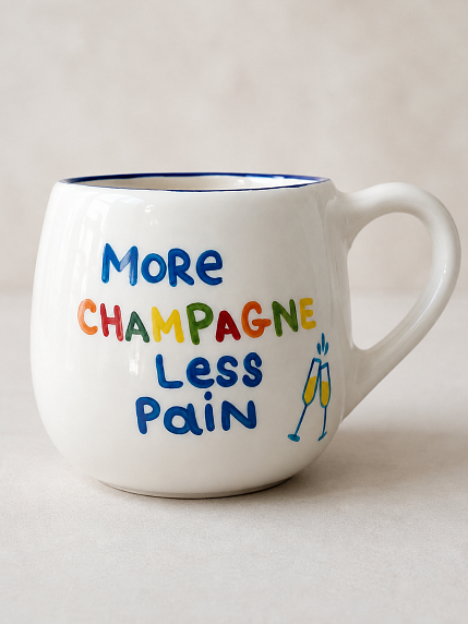 Кружка ручной работы Hands in Clay «More champagne less pain», синяя, керамика, 400 мл, круглая, фото 1.