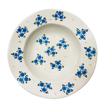 Тарелка глубокая с полями ручной работы Slowday Ceramics с синими розочками «Винтаж», керамика, 25 см, фото 1.