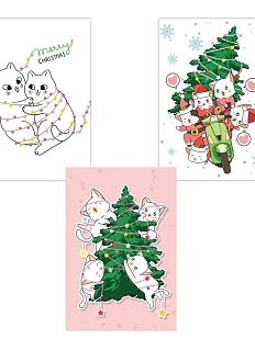 Набор авторских открыток DARI DARI с котиками на Новый год, 3 шт.