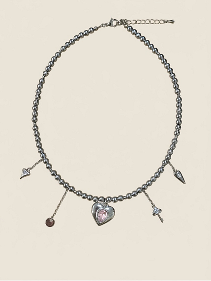 Чокер из тёмного гематита с подвесками «Сердечко с розовым камнем» Migette, фото 2.
