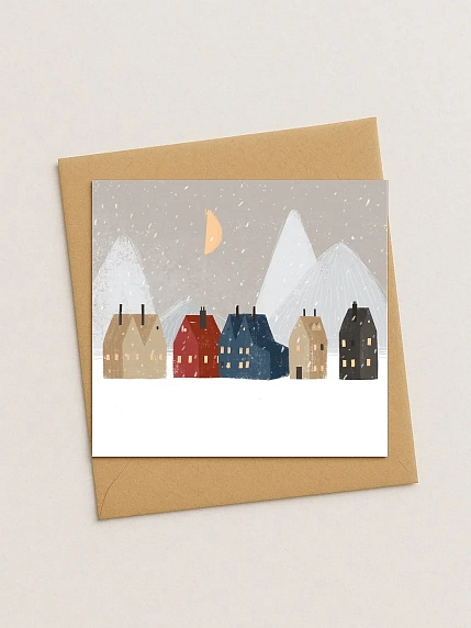 Квадратная зимняя сканди открытка «Домики и горы», фото 1.