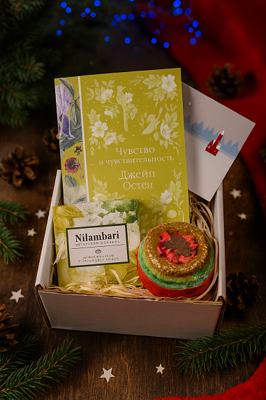 Подарочный набор на Новый год с книгой «Чувство и чувствительность» с бомбочкой и шоколадом, фото 1.