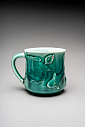 Кружка ручной работы «Лотос и карп», тёмно-зелёная, фарфор, 430 мл, превью фото 3