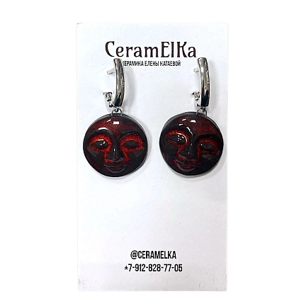 Серьги КерамЕлКа «Лица», фарфор, чёрно-красные, фото 1.