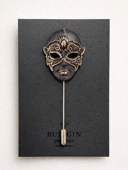 Брошь ручной работы Bulygin «Венецианская маска», фарфор, черно-золотистая, фото 1.