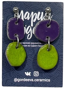 Серьги Мария Гордеева асимметричные составные, керамика, зелёные с фиолетовым
