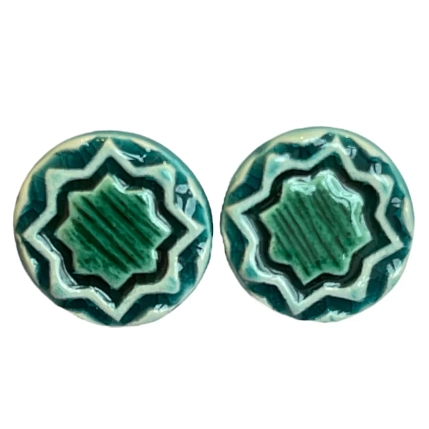 Серёжки-гвоздики КерамЕлКа круглые с узором, керамика, зелёные, фото 1.