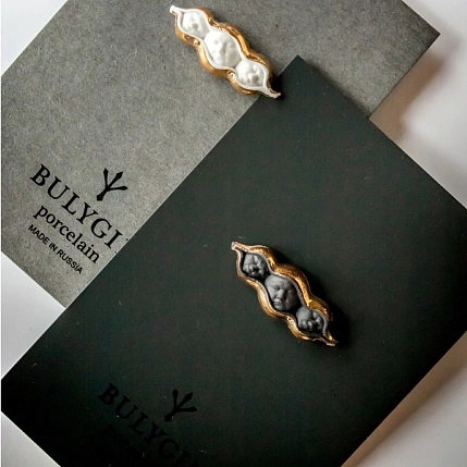 Брошь ручной работы Фарфор Булыгина «Горох», чёрно-золотистая, фото 5.