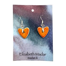Серьги ручной работы в форме сердечек с серебряной фурнитурой, оранжев, керамика
