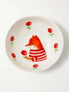 Пиала ручной работы Ким керамика с росписью внутри Лисёнок с красными цветами, белая, фарфор, 10 см