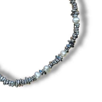 Чокер из гематита с жемчугом, фото 1.