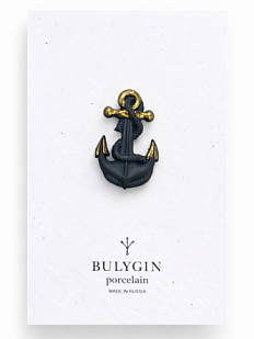 Брошь ручной работы Bulygin «Якорь», фарфор, чёрно-золотистая