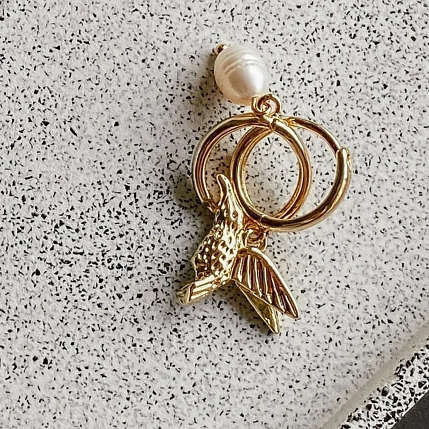 Серьги-конго «Колибри», позолота, латунь, жемчуг, фото 3.