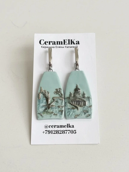 Серьги КерамЕлКа «Городские очертания», фарфор, мятные, фото 1.