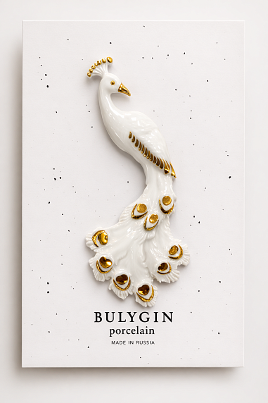 Брошь ручной работы Фарфор Булыгина «Павлин», бело-золотистая, фото 1.