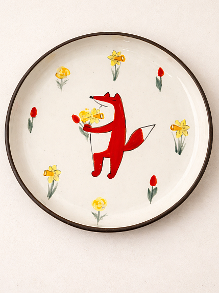 Тарелка ручной работы Ким керамика с бортиком Лис с нарциссами, белая, 13 см, фото 1.