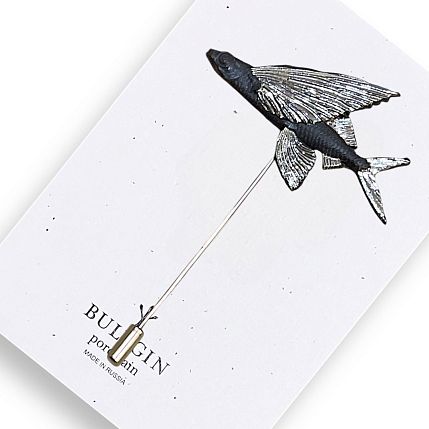 Брошь ручной работы Bulygin «Летучая рыба», фарфор, чёрно-серебристая, фото 1.