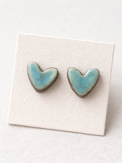Серёжки-гвоздики Сердечки, керамика, бирюзовые, фото 2.