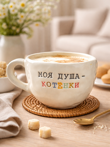 Кружка ручной работы «Моя душа - котёнки», белая, керамика, 350 мл, фото 8.