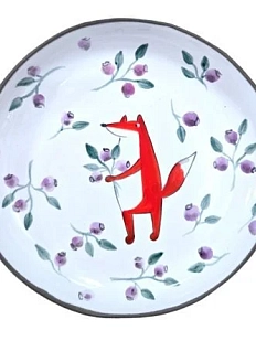 Тарелка ручной работы Ким керамика с бортиком Лис с черникой, белая, 13 см