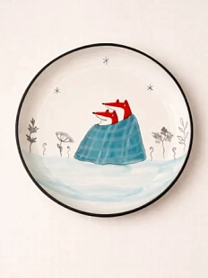 Тарелка ручной работы Ким керамика с бортиком Пара лисичек с пледом, белая, 17 см