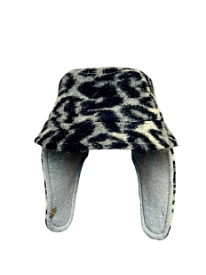 Шерстяная панама Гнёздышко с ушками серо-черный «Леопард»