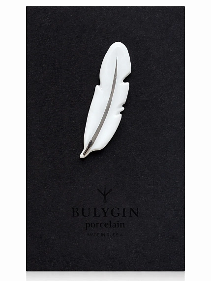 Брошь ручной работы Фарфор Булыгина «Перо», бело-золотистая, фото 1.