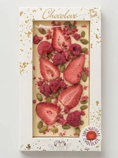 Шоколад белый с клубникой, малиной и тыквенными семечками, без сахара, 90 г