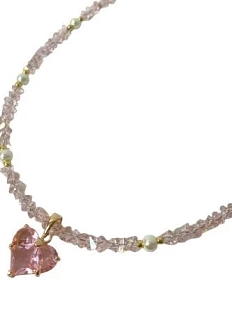 Чокер Хрустальный ручной работы из треугольных бусин с подвеской-сердцем, розовый