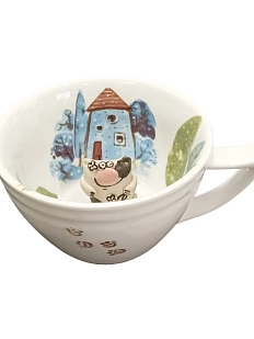 Чашка для чая ручной работы Мадам де Тюль с фигуркой внутри Котик и домик, голубая, фарфор, 250 мл